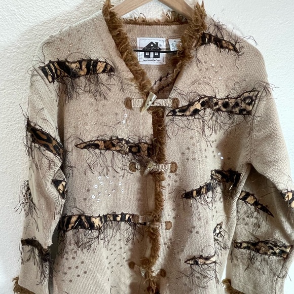 Vintage StoryBook Knits Cotton/Ramie Leopard Detail Sweater Cardigan Size M - Picture 2 of 9